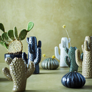 Vue d'ensemble de différents vases inclus le vase en cactus